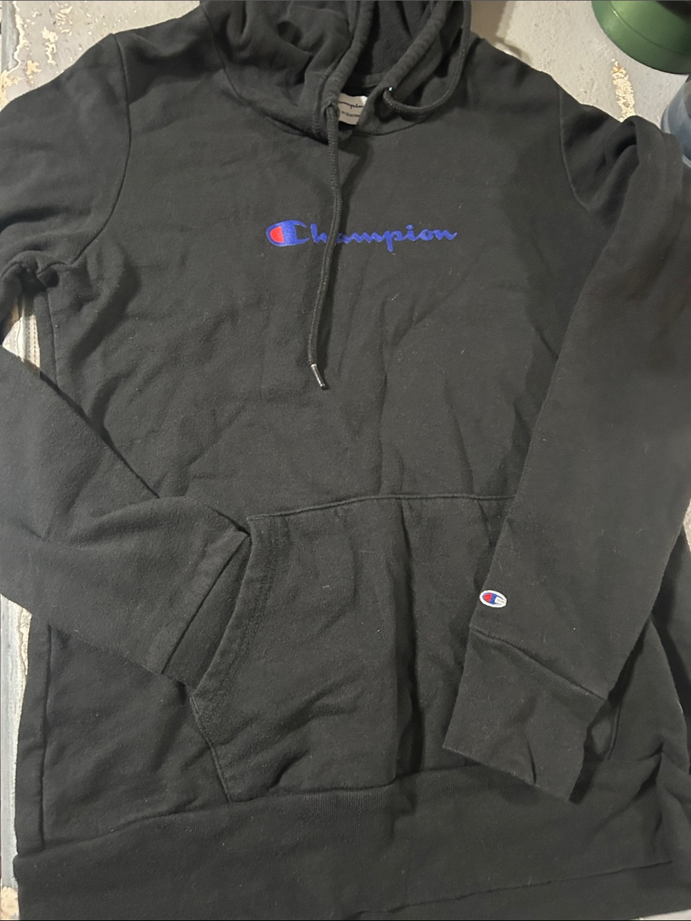 Champion Black Crewneck Hoodie with Blue & Red Logo